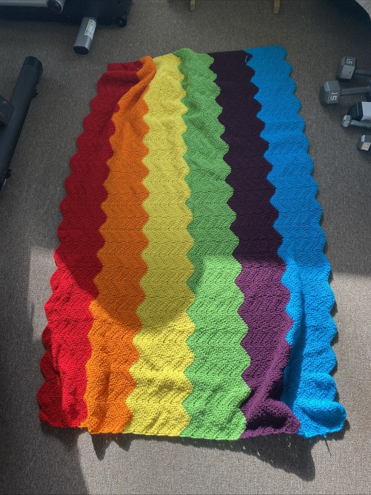 Rainbow Afghan 41”x61” Blanket Handmade Soft Throw Zig Zag Pride Bright