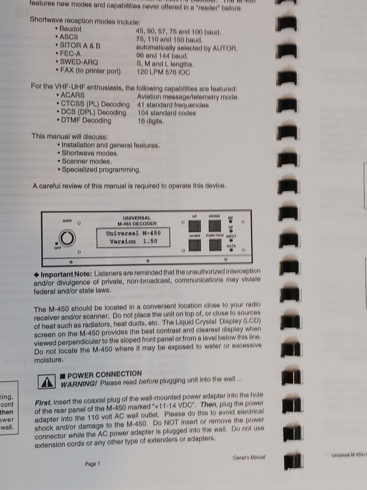 UNIVERSAL M-450 Decoder Owners Manual Version 1.5 FREE SHIPPING