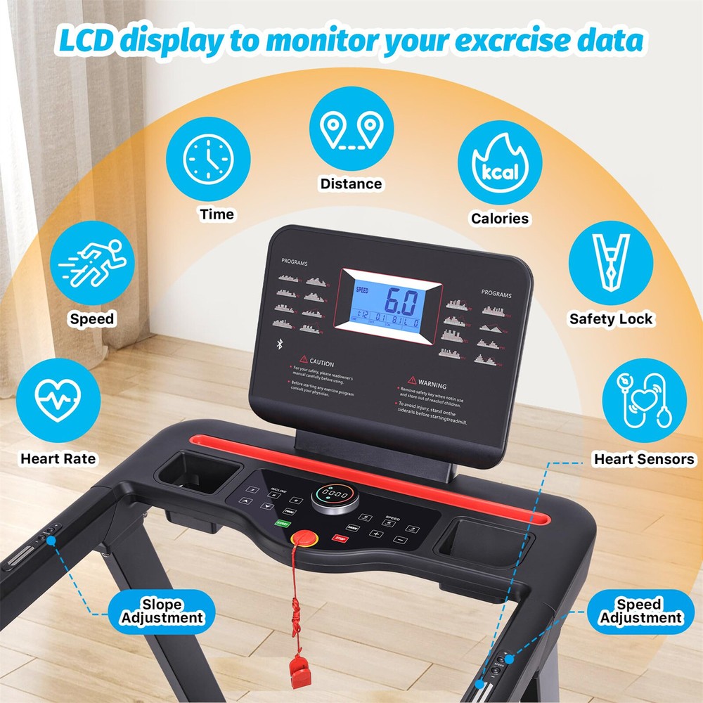 Running Machine Treadmill with Auto Incline Home Folding Treadmill Heart Sensor