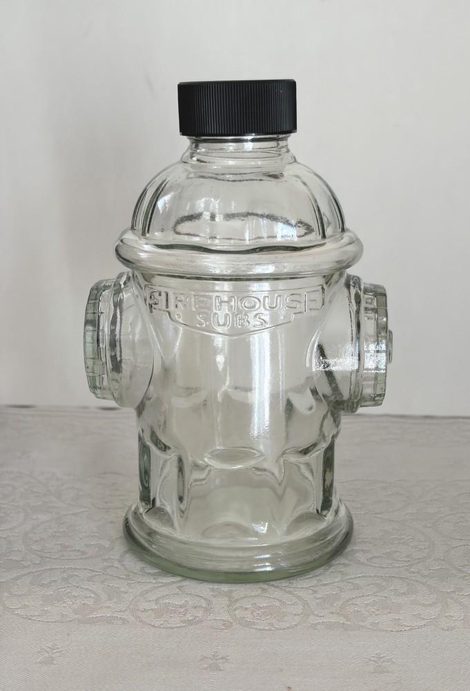 FIREHOUSE SUBS CLEAR GLASS FIRE HYDRANT BOTTLE SCREW ON LID