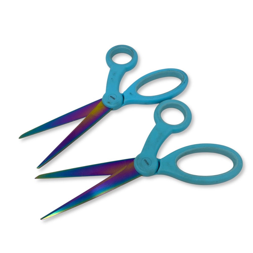 Yoobi Multi-Purpose Scissors, Blue Handle Rainbow Iridescent Blades, 2 Pcs
