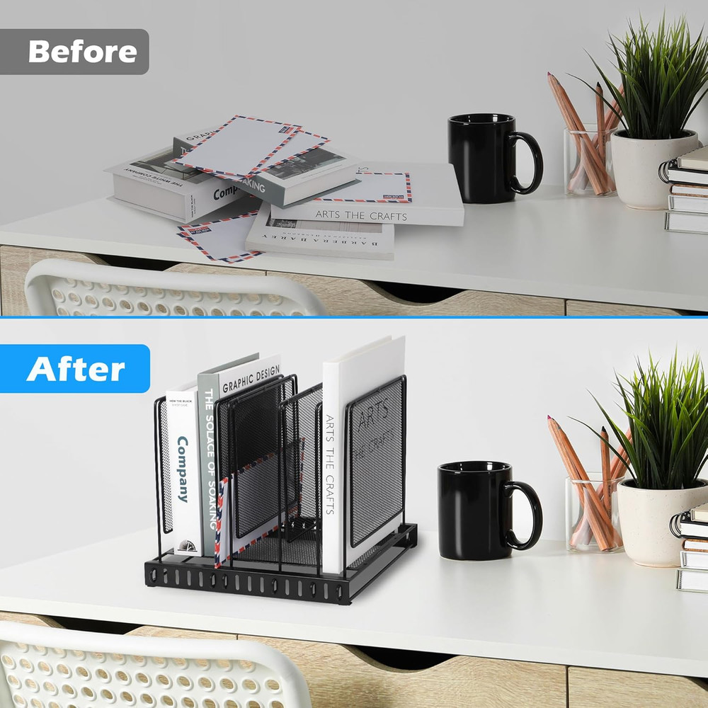 5 Section Vertical Metal Mesh Desk File Organizer, Spacing Adjustable Upright De