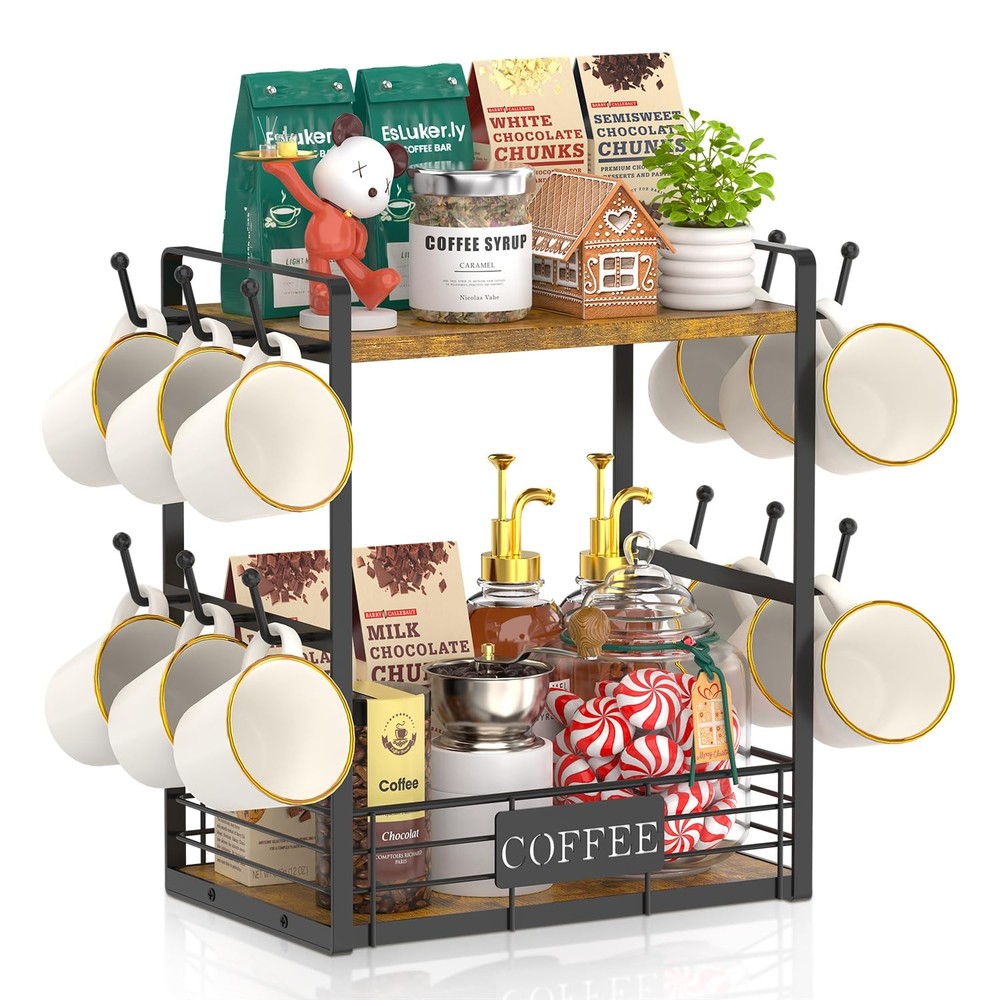 Coffee Mug Cup Holder Tree Bar Station Organizer, 2 Tier Mug Stand Rack for C...