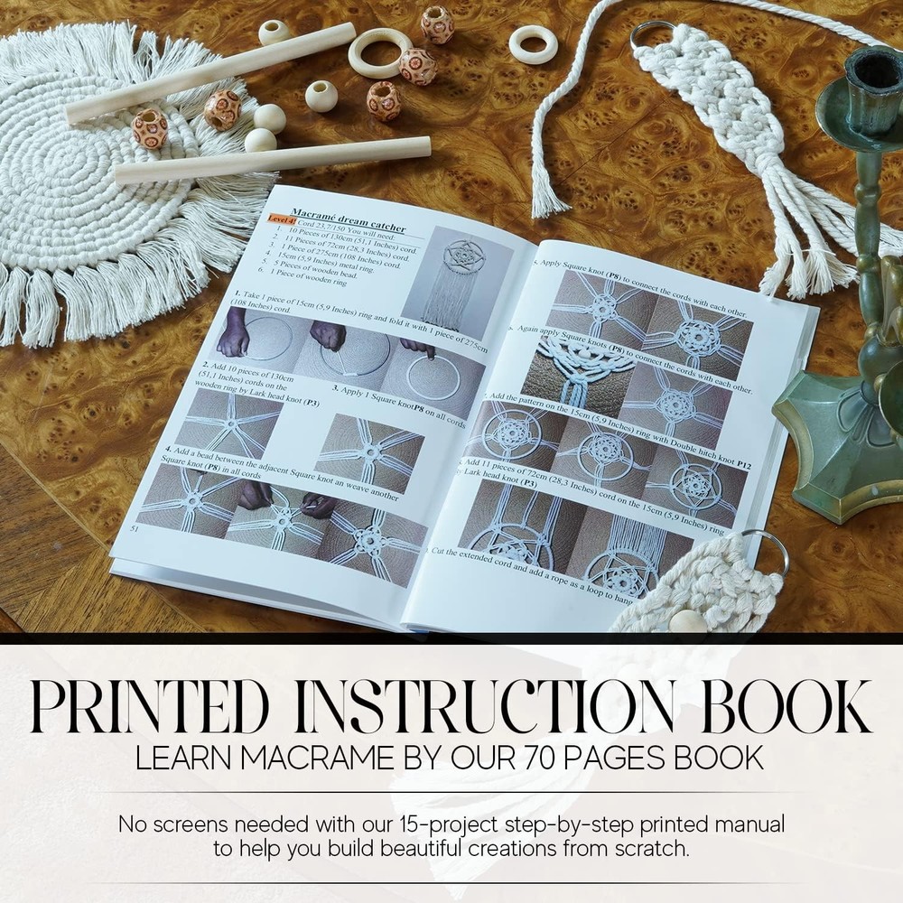 Macrame Kit for Beginners 153pc, 15 Projects Book, 164yd Cotton Macrame Cord