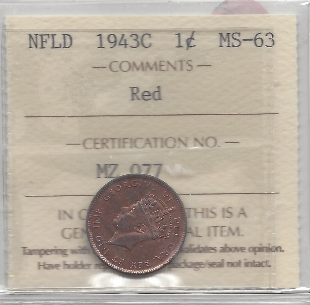 1943c, ICCS Graded, Newfoundland Small One Cent, **MS-63**