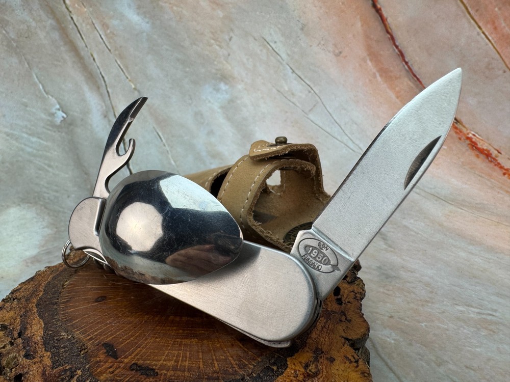 Camping Folding Cutlery Set with Leather Pouch | Knife Fork Spoon Opener