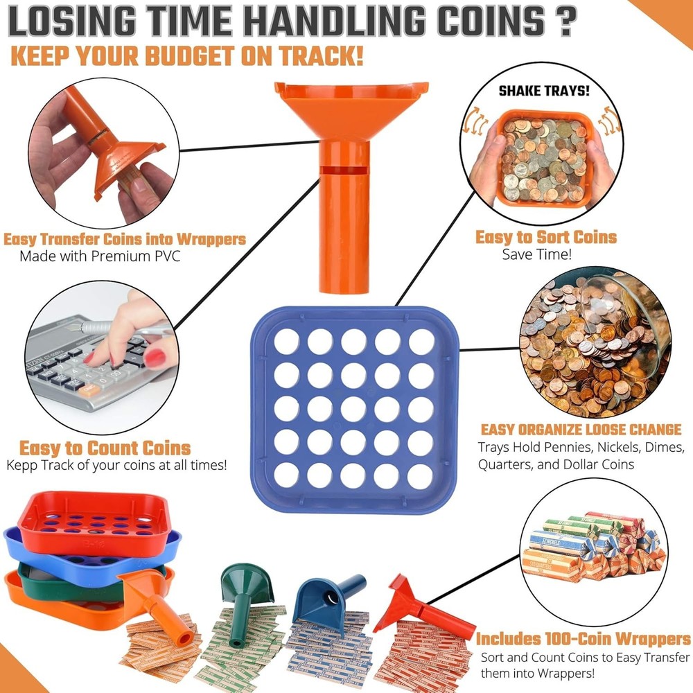 Ultimate Coin Counting Solution - 4 Trays, 4 Tubes & 100 Assorted Roll Wrappers