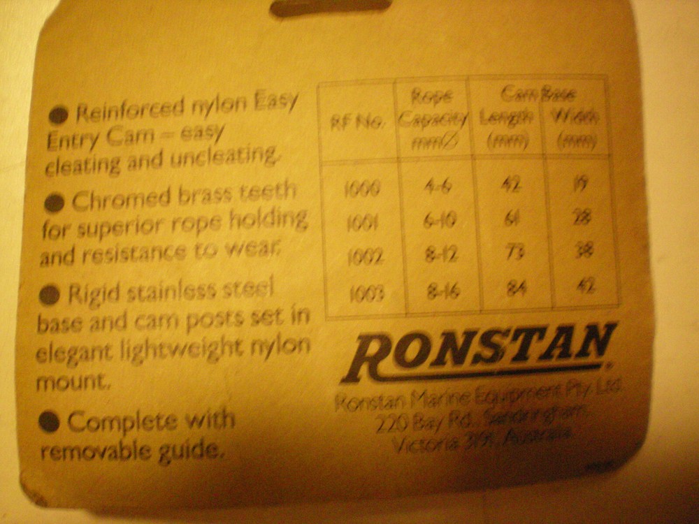 RONSTAN #RF1000 EASY ENTRY CAM CLEAT, FREE FREIGHT