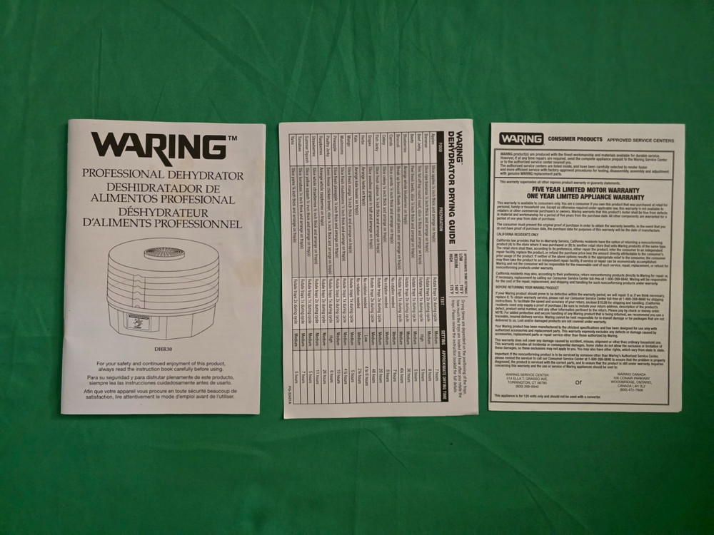 Waring 620W Five Stackable Tray Food Dehydrator DHR30 4 Settings Fruit Jerky