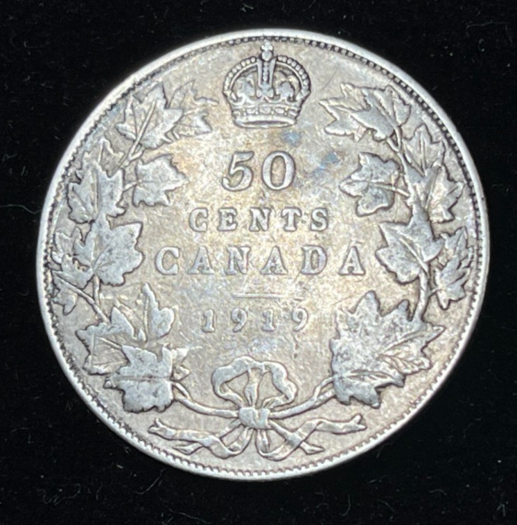 1919 Canada 50 Cents Silver Coin Graffiti "B"