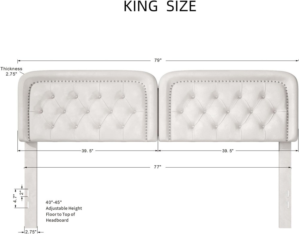 Tufted King Size Upholstered Headboard Button Adjustable Height Solid Wood Beige