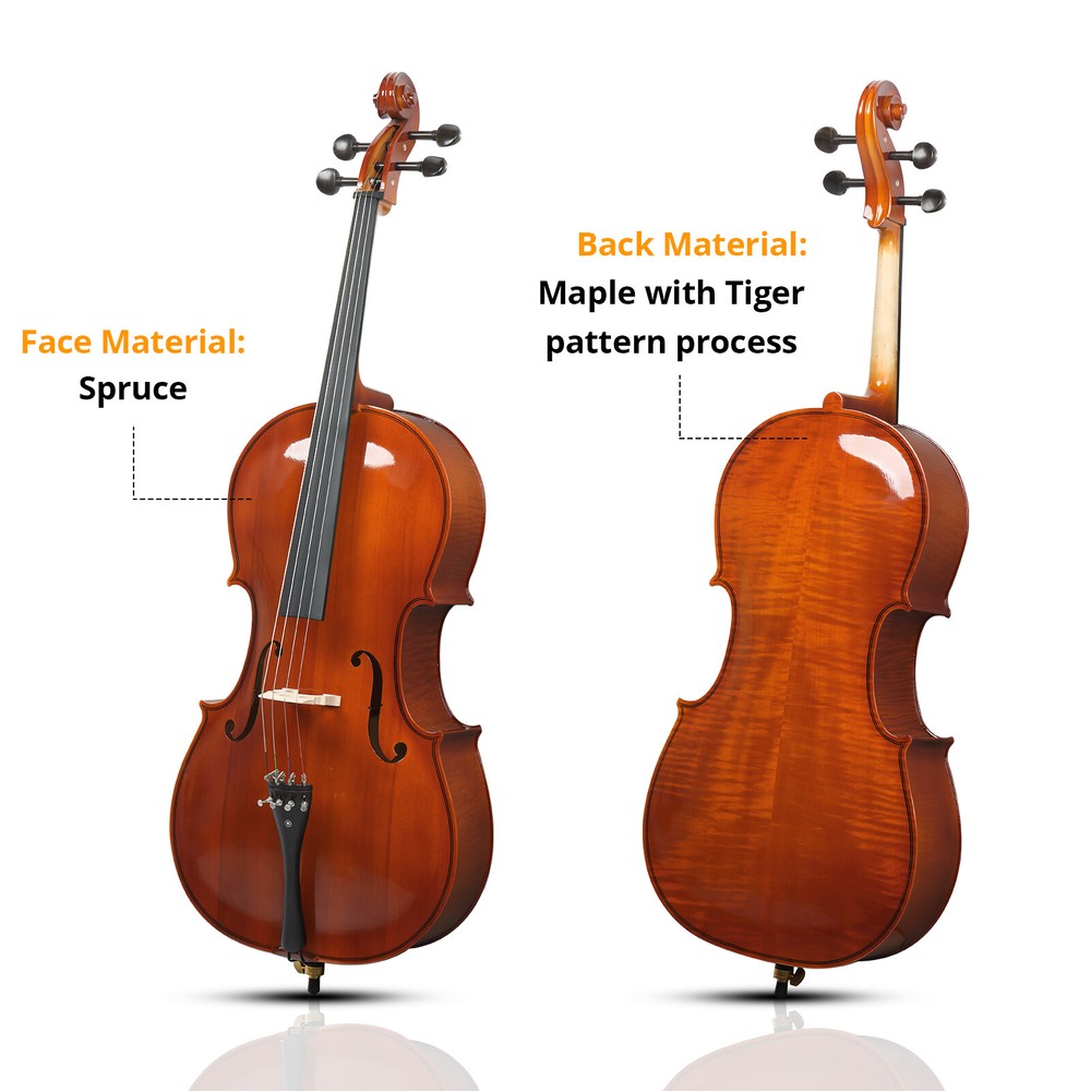 Natural Full Size 4/4 Acoustic Cello Set w/ Spruce Panel & Tiger Pattern Process
