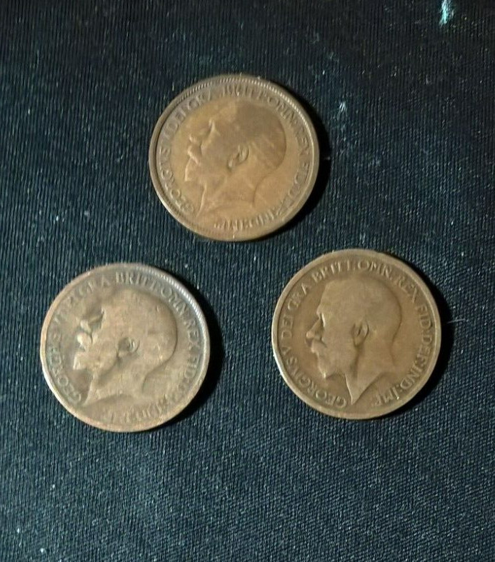 Three George V Halfpennies 1916, 1918 and 1921.