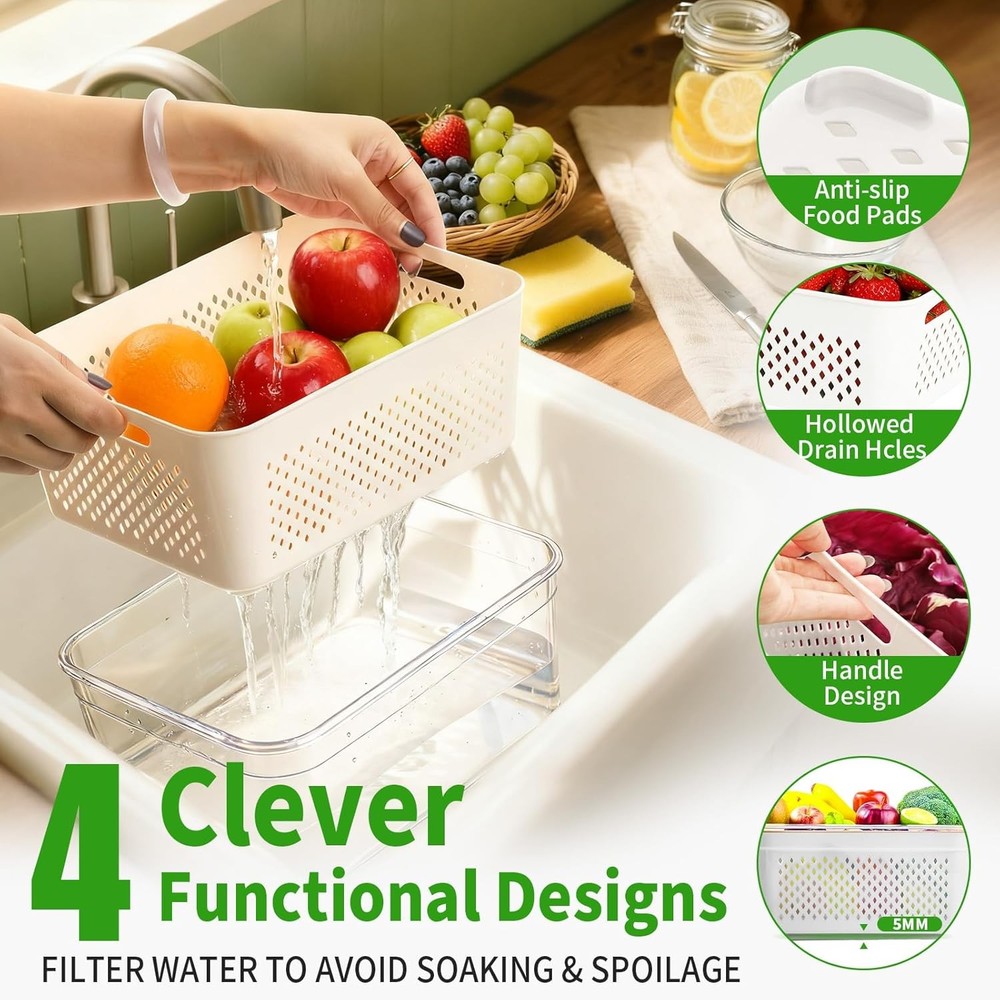 5-Pack Large Fruit Storage Containers Fridge W/ Removable Colander 2 in 1