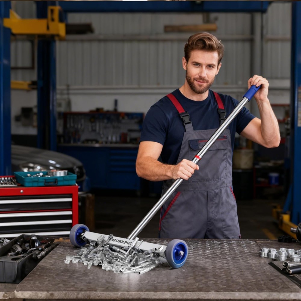 WORKPRO 17" Magnetic Sweeper Telescoping Wheel Rolling Sweeper Adjustable Handle