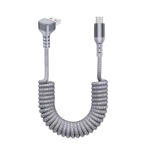 Fast Charging 90 Degree Coiled USB-C Cable, 1 Pack 5FT Elbow-USB-C-Gray