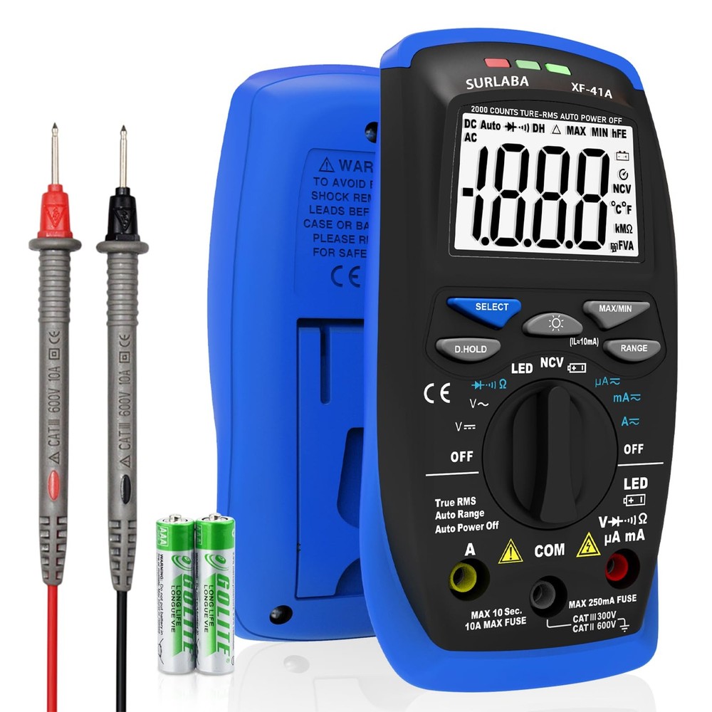SURLABA Digital Multimeter, DC/AC Current Voltage Tester, 41A-B, Blue