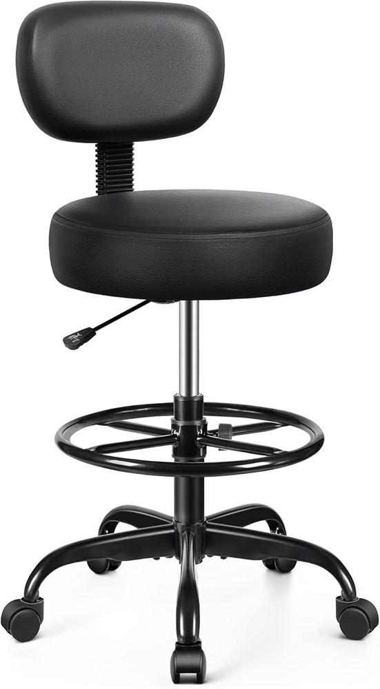 Drafting Chair with Backrest – Adjustable Foot Rest Rolling Stool with Wheels, P