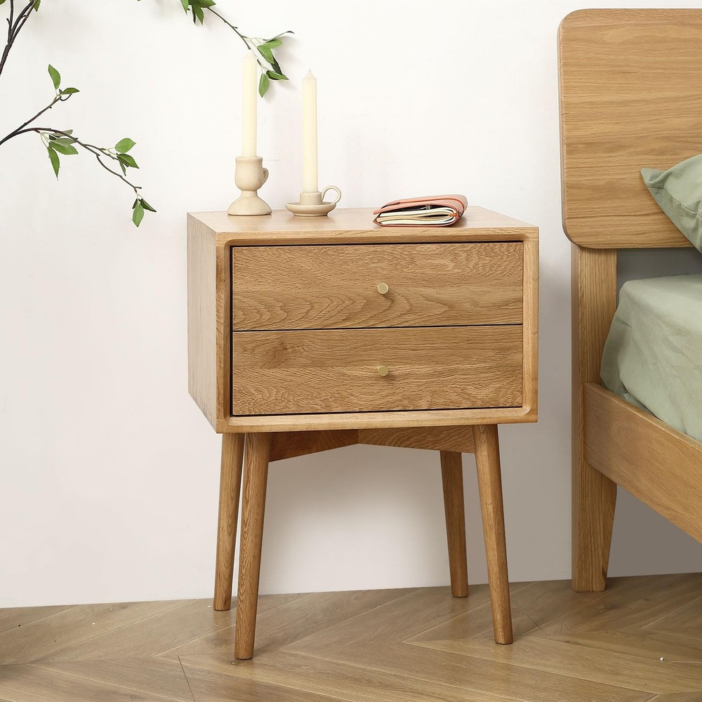 Mid Century Modern Nightstands, Oak Bedside Table Solid Wood End Table with D...