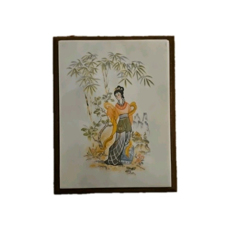 Vintage Framed Ceramic Chinoisere Tile