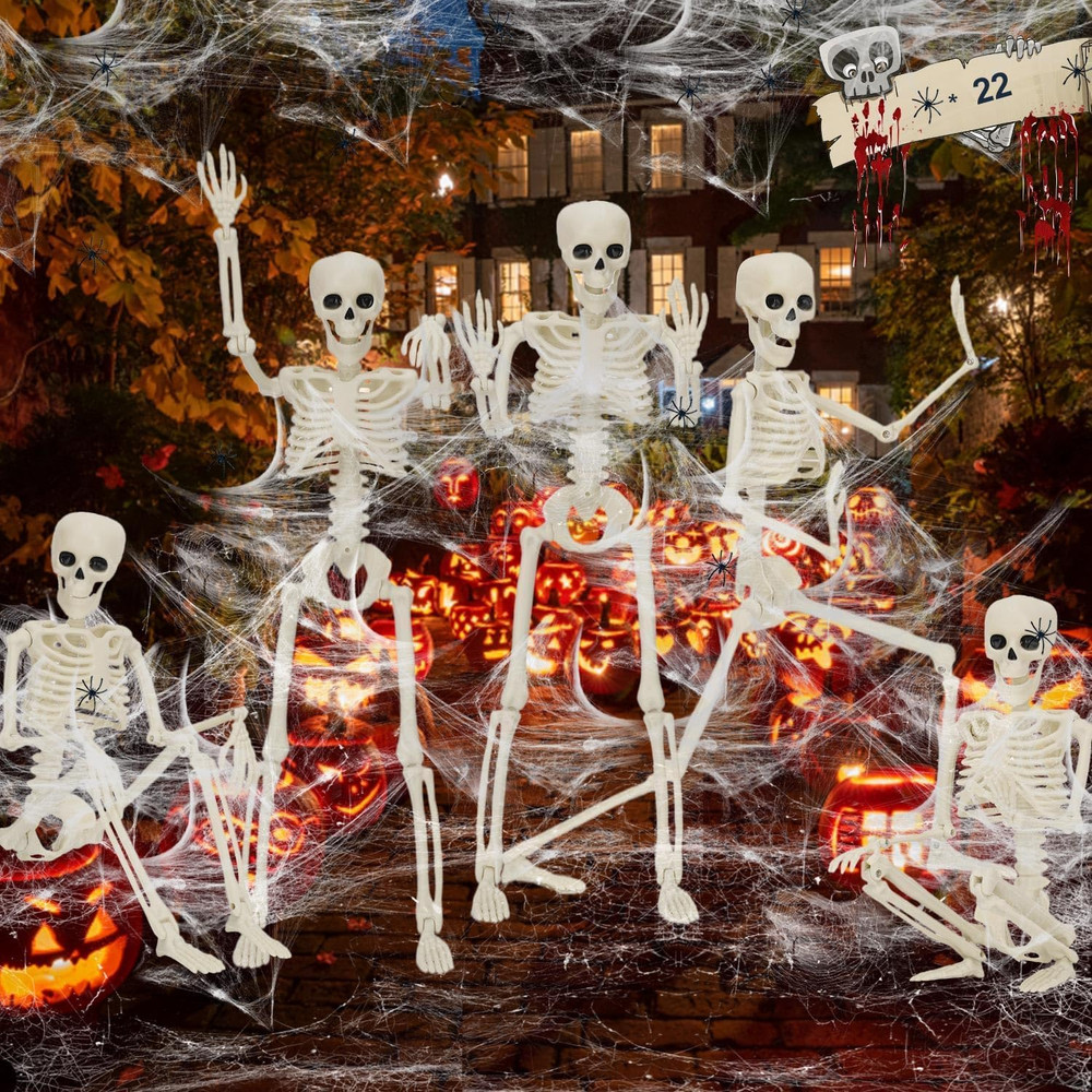 5pc Posable Skeleton Halloween Decorations w/ Spiders,16" Halloween Skeleton Dec