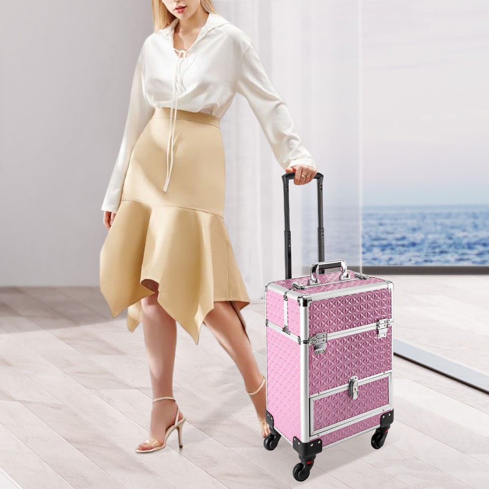 Rolling Makeup Train Case Cosmetic Trolley Makeup Storage Organizer Luggage Box
