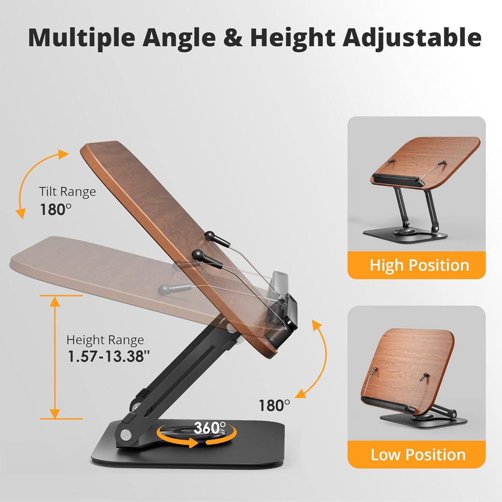 Book Stand for Reading, Adjustable Book Holder with 360° Rotating Bases, Foldabl