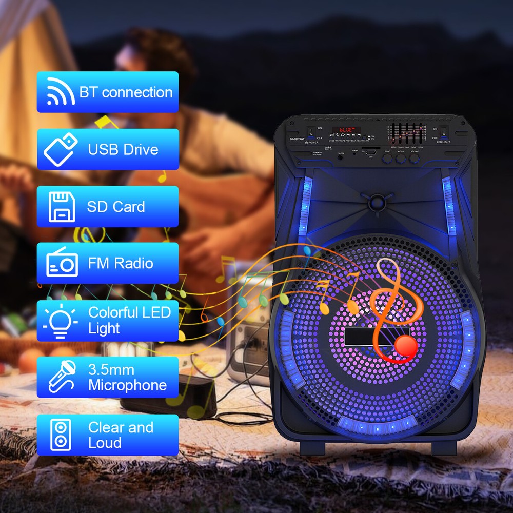 12" Portable Bluetooth Speaker 5-Band Equalizer DJ Party Speaker System W/Mic