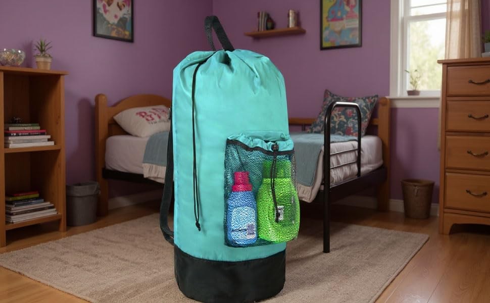 Turquoise Laundry Backpack with Mesh Pocket, Adjustable Straps and Drawstring...