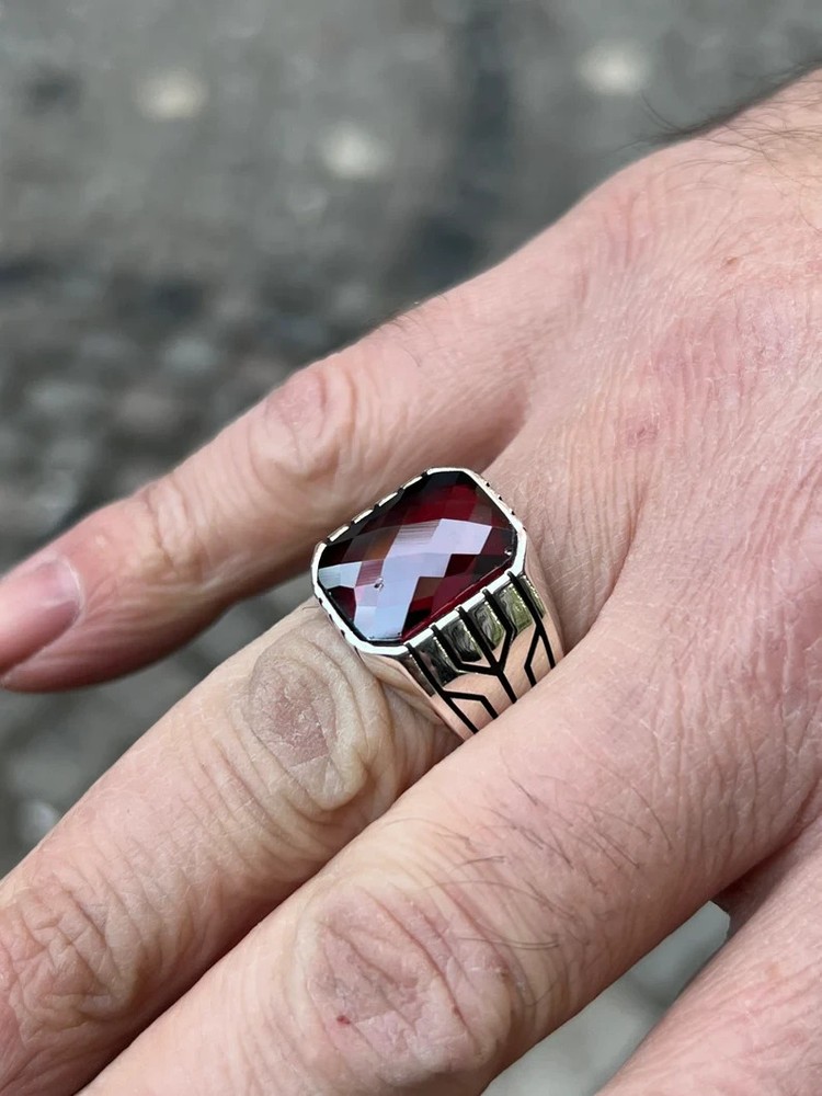 Men Ruby Red Stone Ring 925 Sterling Silver Ottoman Handmade Gift For Him