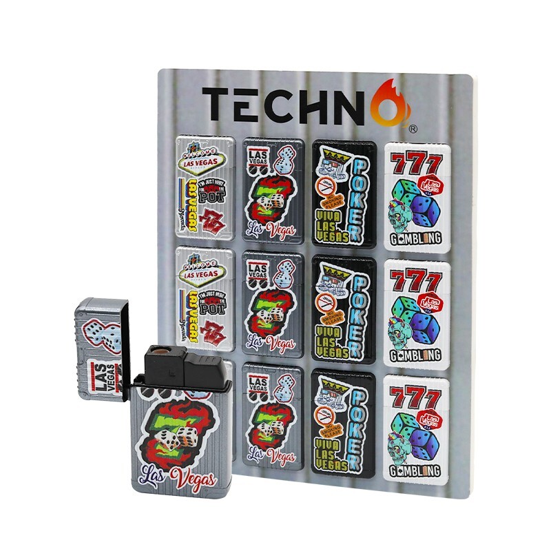 Techno Flip Top Single Torch Lighters 12 Ct Display Assorted Designs