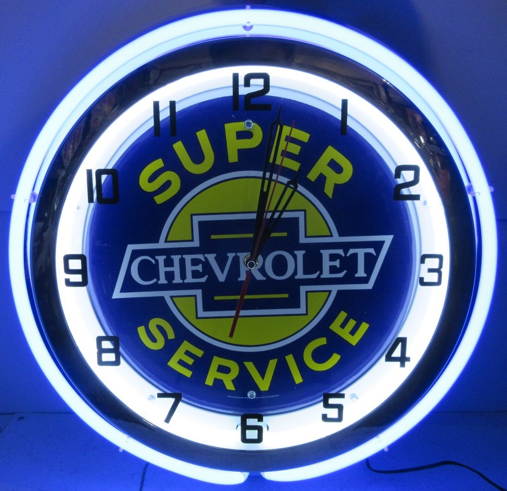 Super Chevrolet Double Neon Blue / White Clock 18"