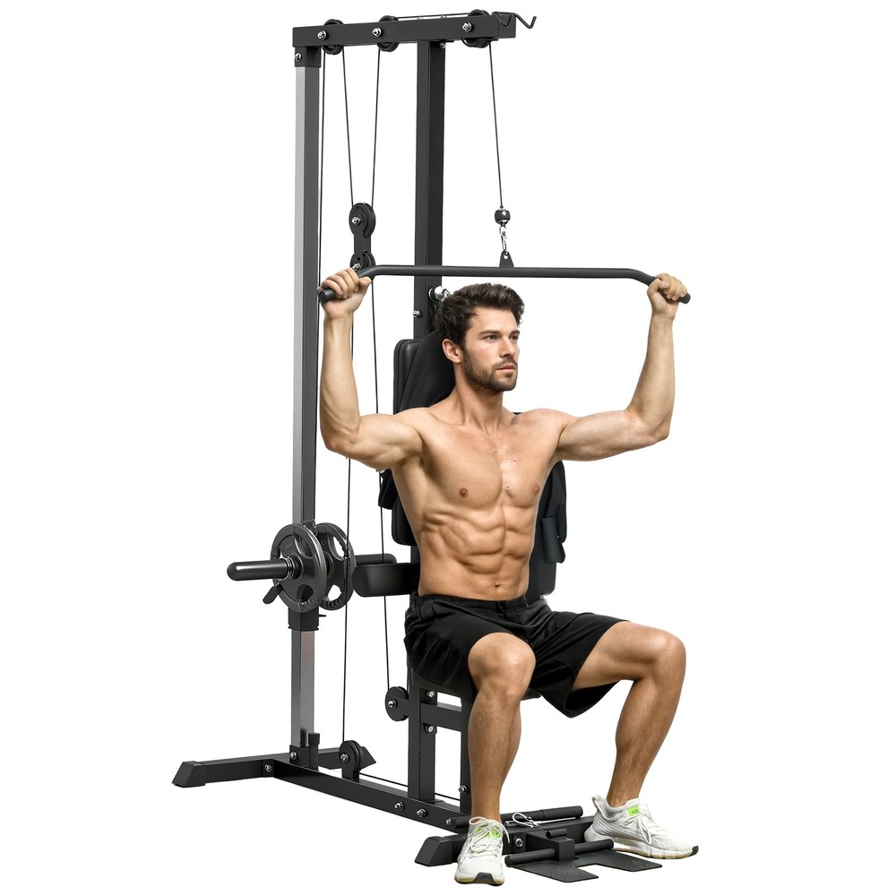 Soozier Lat Pull Down Machine Cable Station with Flip-Up Footplate, Black
