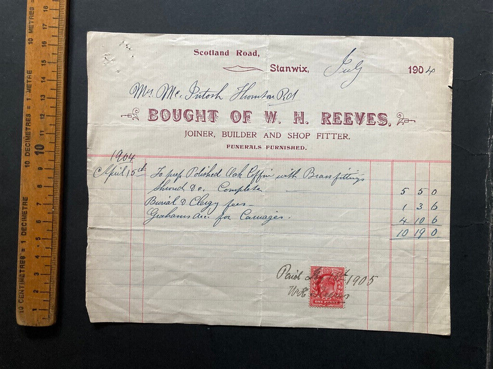 1904 WH Reeves joiner builder signed Stanwix bill invoice advice