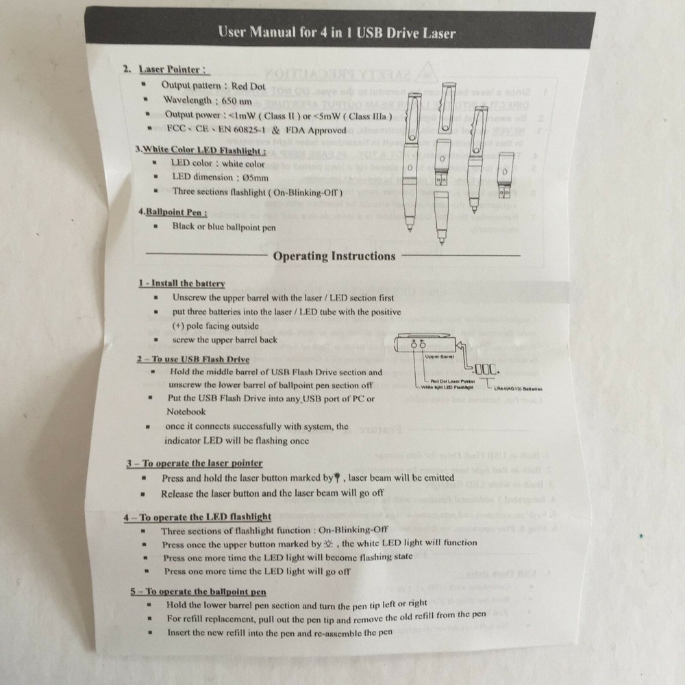 Executive Pen Drive USB, Laser Pointer, Flashlight, Ballpoint Pen, NOS 4 in 1