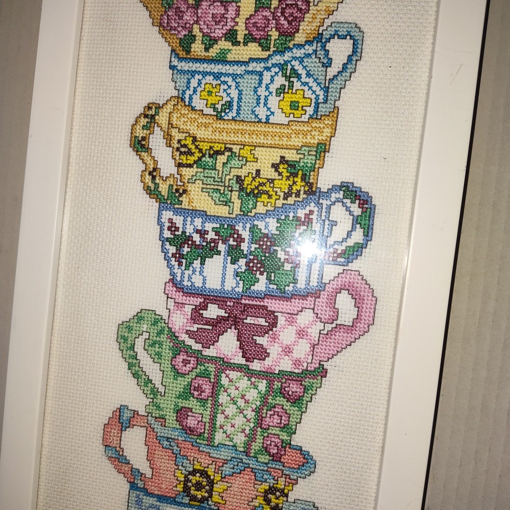 Framed Cross Stitch Teacup Stack Art Handcrafted Tea Theme Decor 20x10