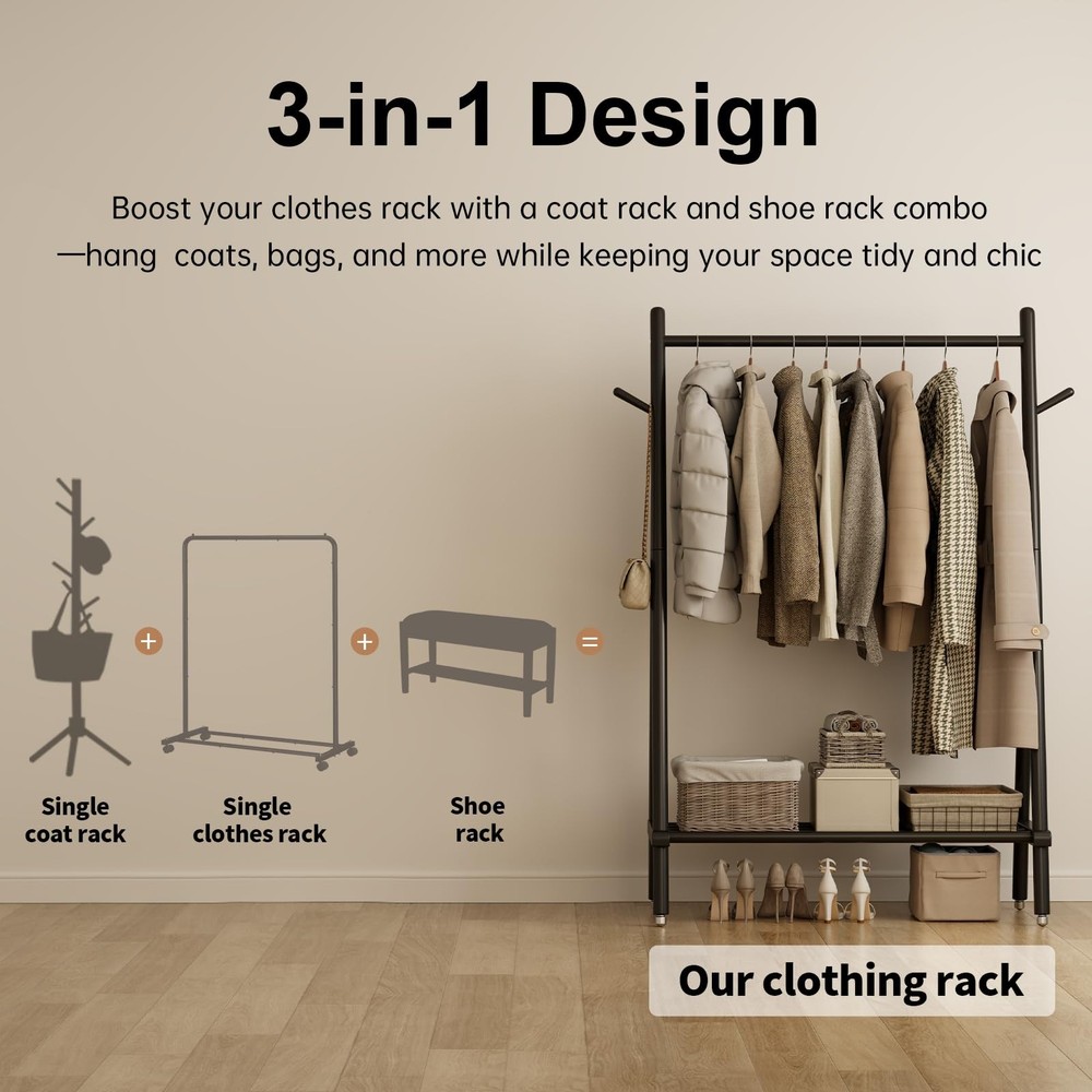 Solid Wood Clothing Rack, Rolling Clothes Rack for Hanging Clothes, Garment R...
