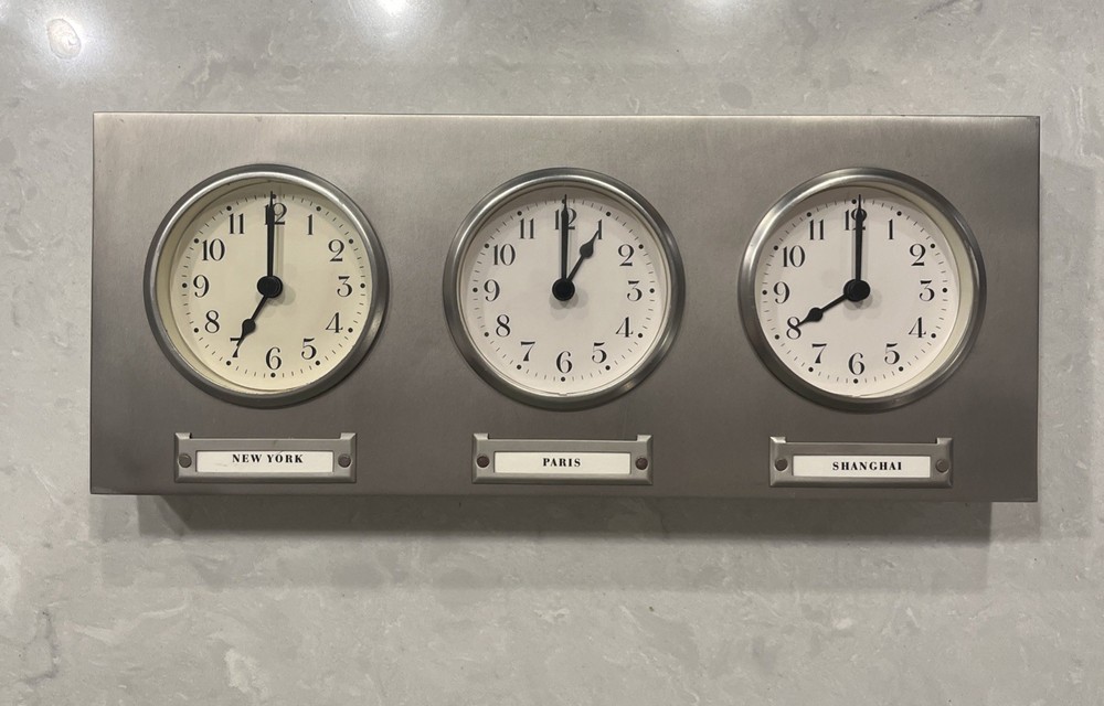 Pottery Barn Around The World 3 Time Zones Brushed Nickel Clock Home Working