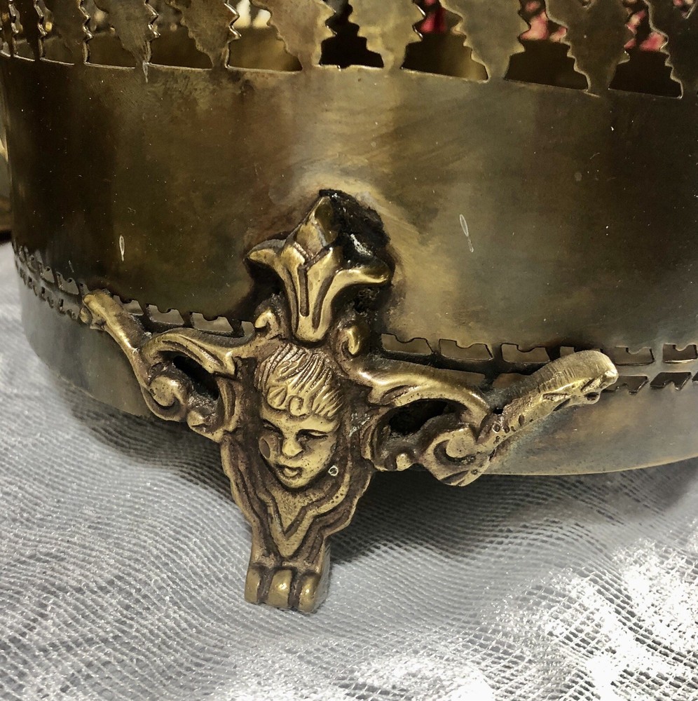 Solid Brass Planter Antiqued Brass Cherub Footed Container Pierced Sides *