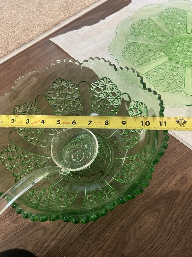 Daisy Button Vasoline Green Vintage Punch Bowl Set