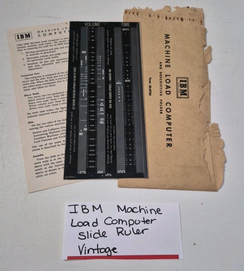 IBM Machine Load Computer & Descriptive Folder Slide Ruler 3 Pieces USA Vintage