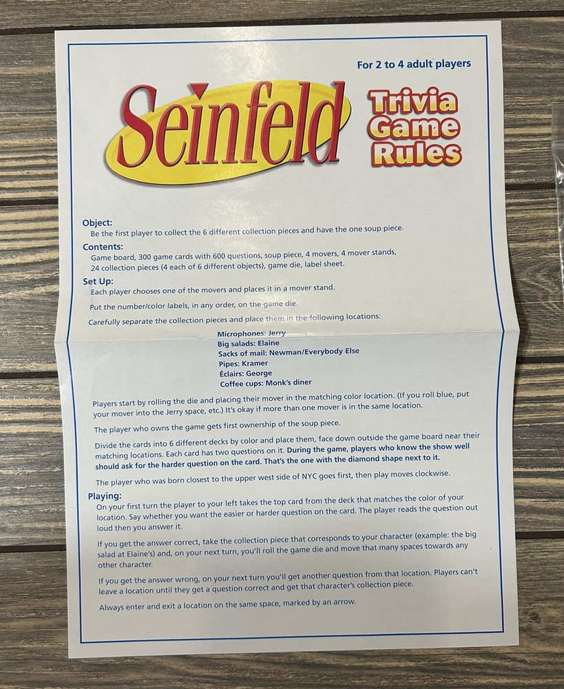Vintage Seinfeld Trivia Game Replacement Piece Part Instructions
