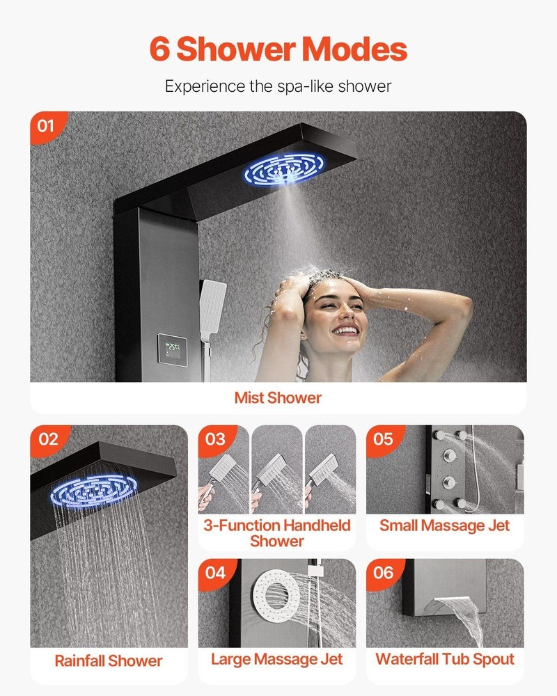 LED Temperature Display 53in 6-Function Shower Panel Tower Brushed SS Column