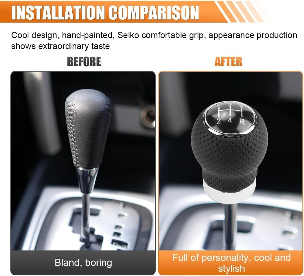 Car Shift Knob, 5 Speed Car Transmission Shift Head, Black Leather Shift Handle,