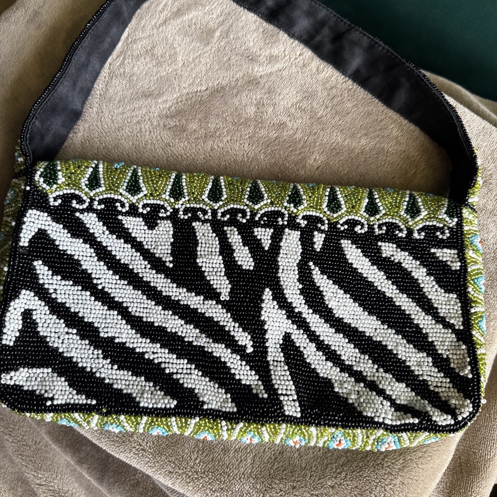 Cacle Small Seed Beaded Purse Hand Beaded Peacock Feather Look
