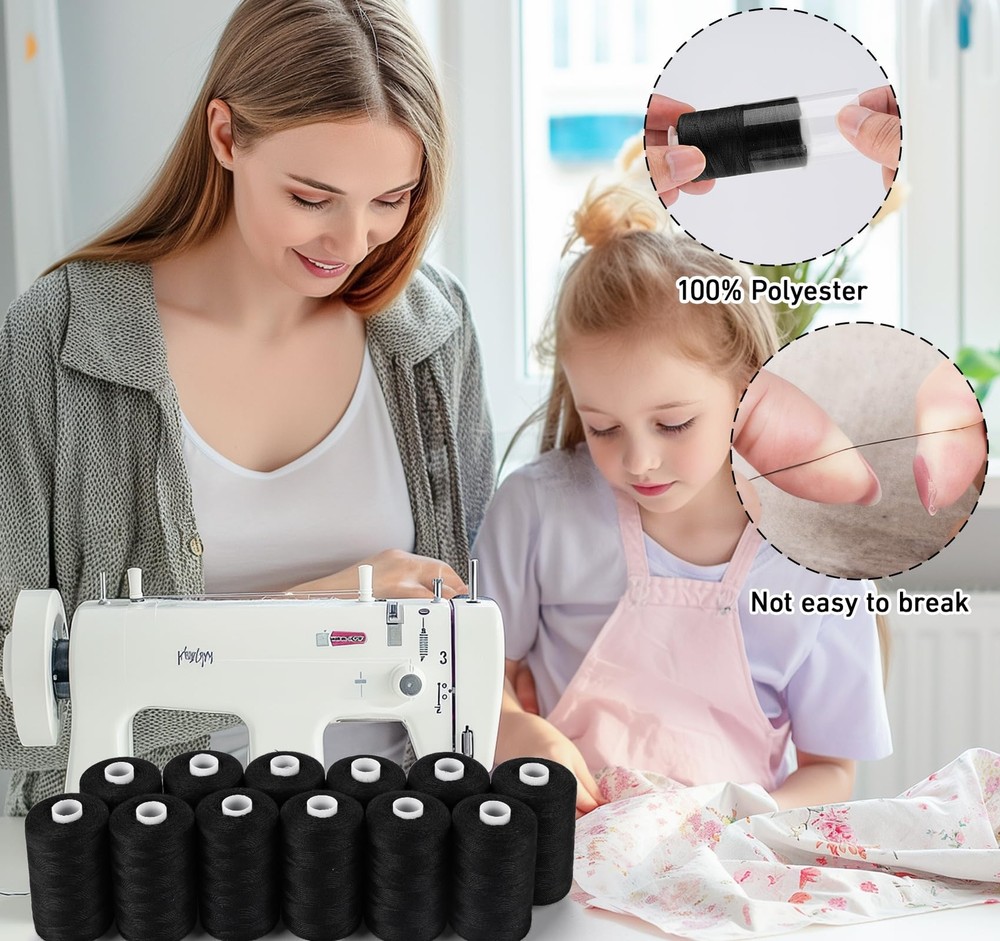 Sewing Thread 12 Spools Black Sewing Thread 1000 Yards per Polyester Thread S...