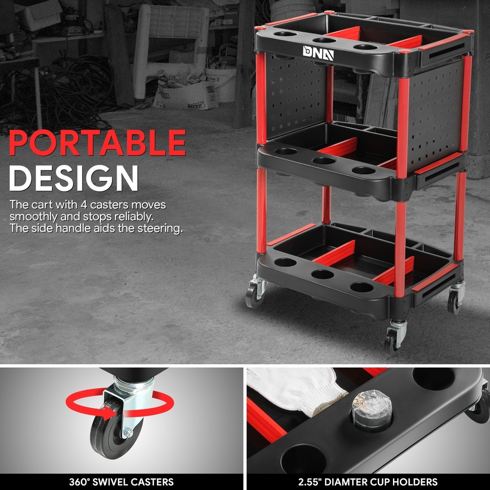 Red 260LBs 3-Level Composite Rolling Trolley w/ Pegboard Warehouse Garage Office