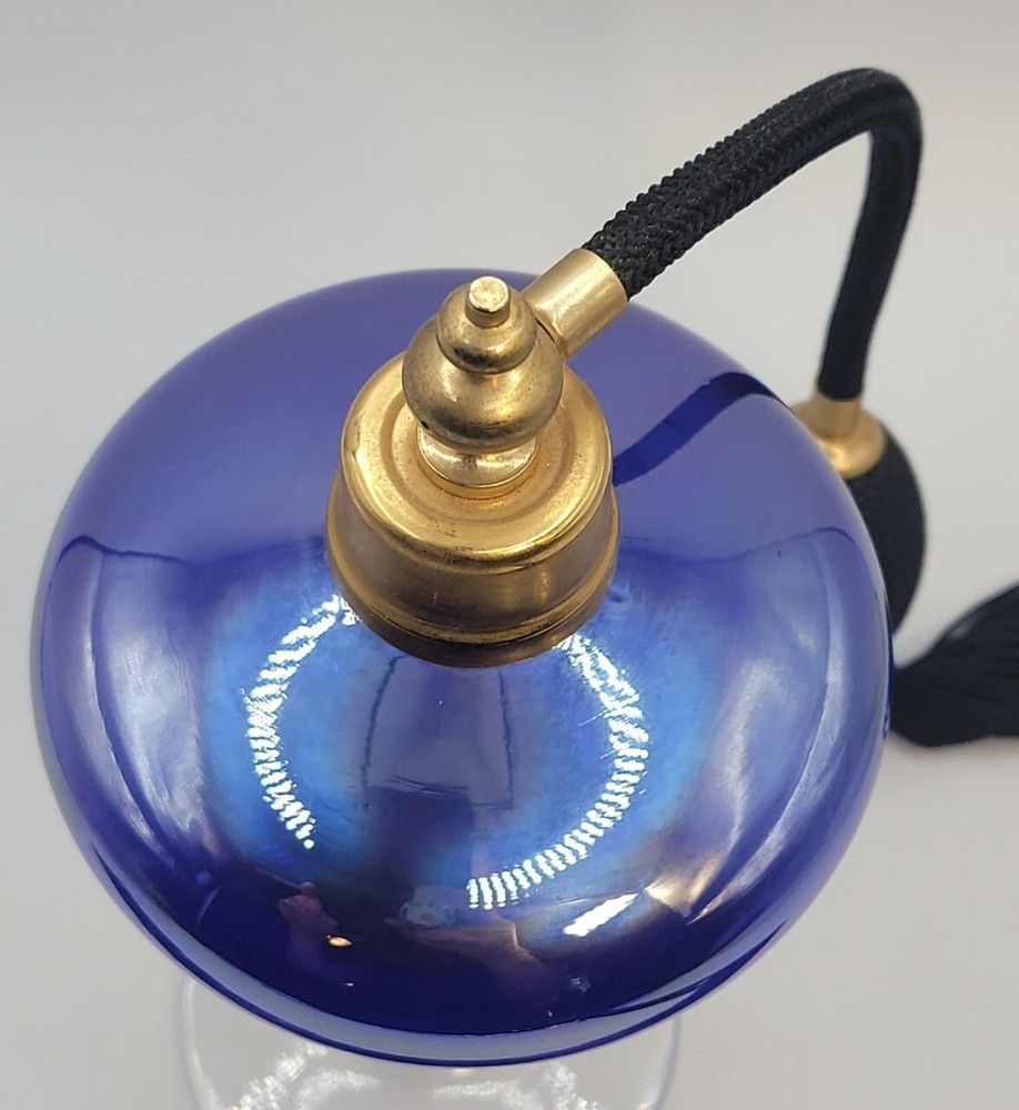 Handblown Iridescent Blue Glass Footed Perfume Atomizer • Refillable • 7"H