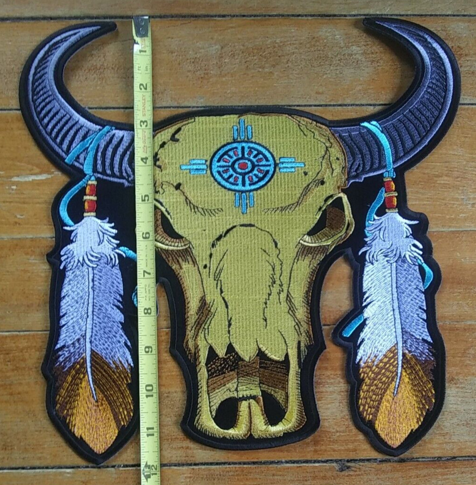 LARGE Embroidered Back Patch Bull Buffalo Skull with Feathers Biker Jacket PATCH