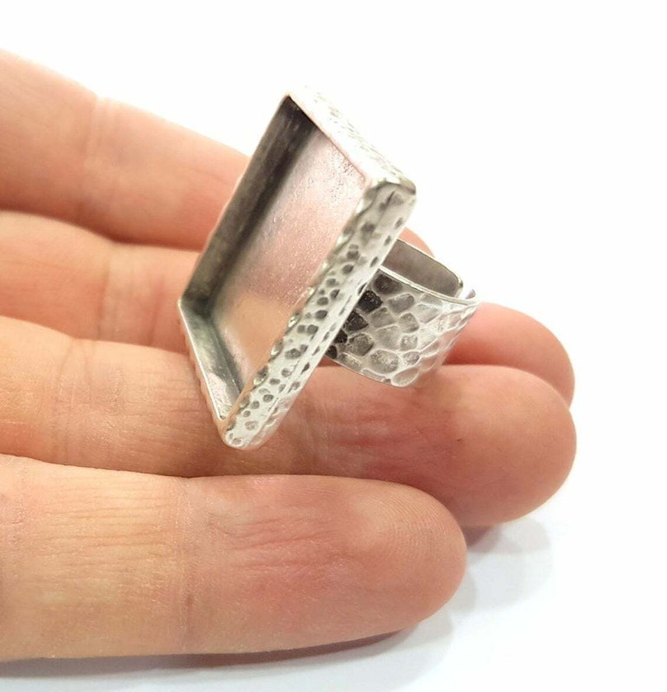 Hammered Square Ring Blank Base Bezel Setting Adjustable Antique Silver